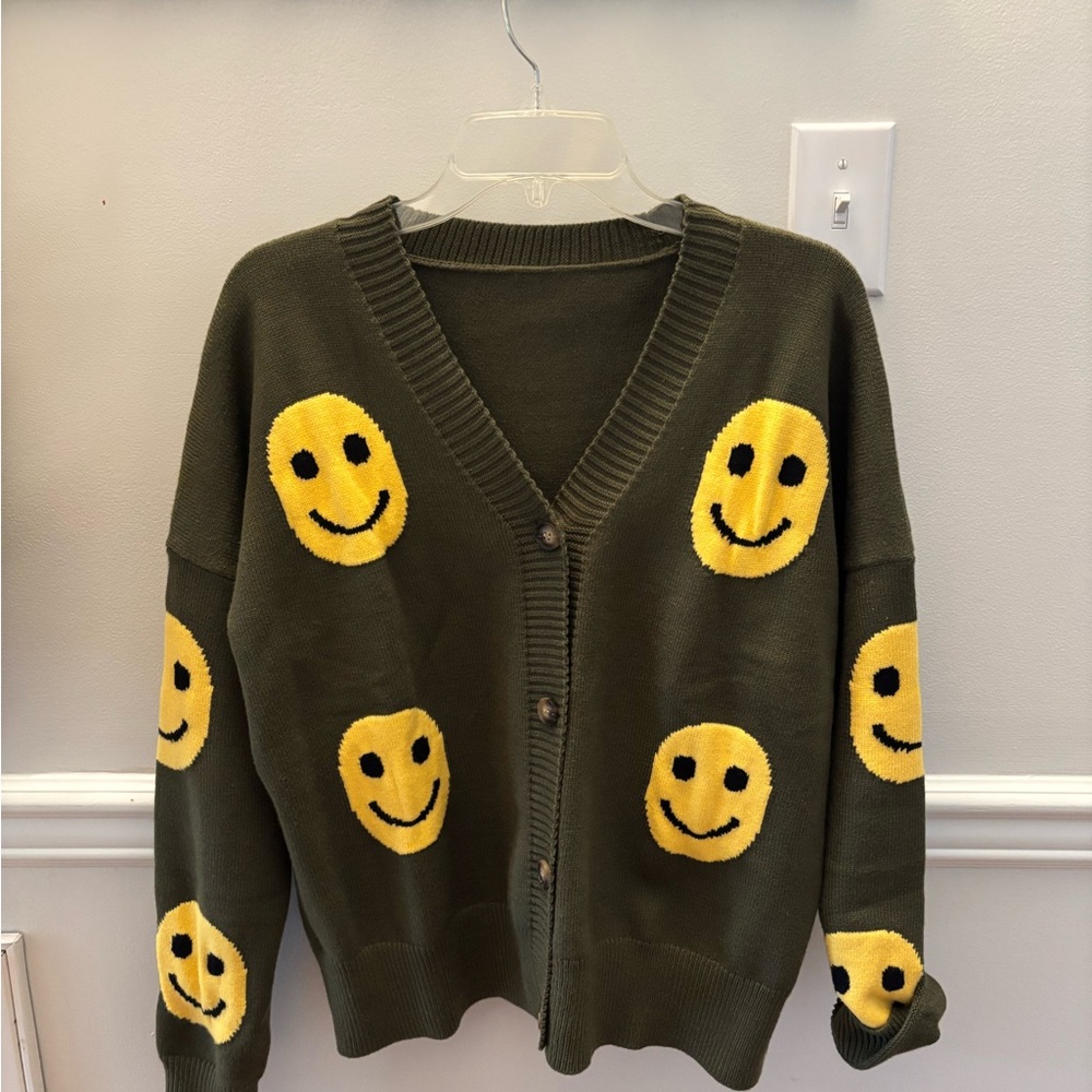 Smiley Face Olive Green Cardigan